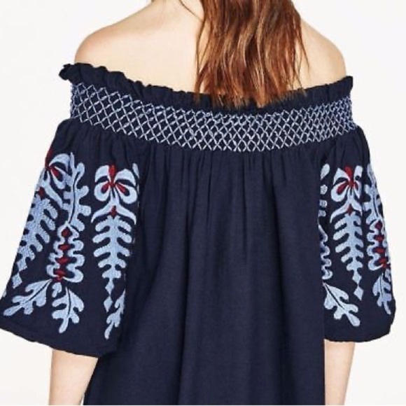 Zara Blumenmuster Embroidered Off Shoulder Tunic Dress Flower Embroidery Size S - Picture 5 of 15